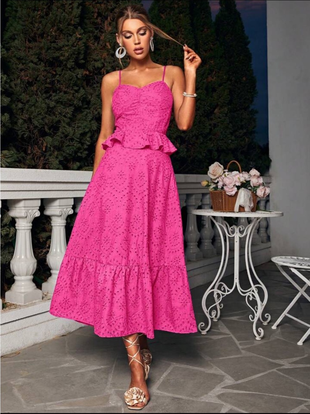 SHEIN Hot Pink Eyelet Peplum Spaghetti Strap Maxi Dress